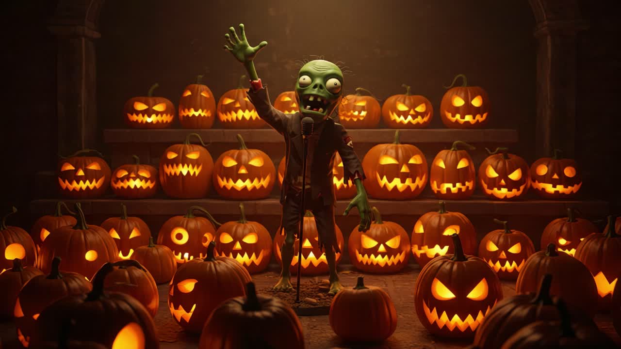 A Thrilling Halloween Performance: A Zombie Character Takes Center Stage Among Glowing Pumpkins, Ready to Entertain in a Spooky Atmosphere
