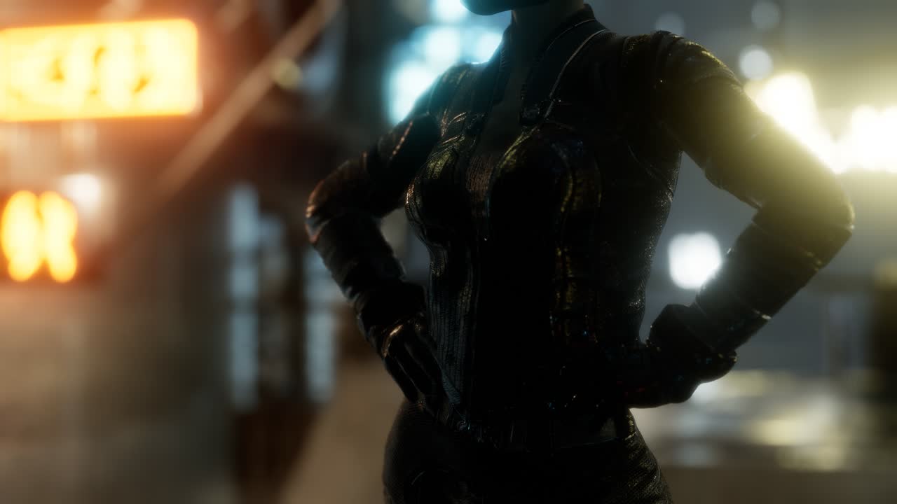 Giovane donna futuristica in stile cyberpunk con luci bokeh al neon
