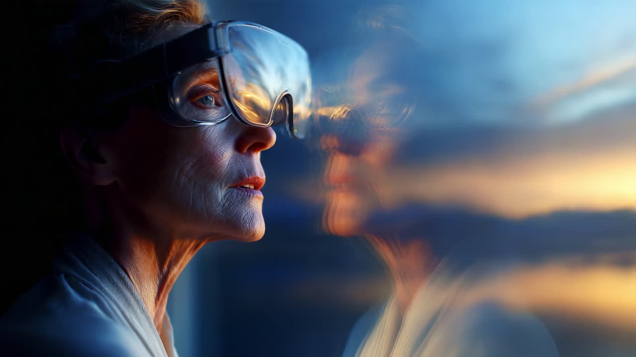 Contemplation of Time: A Mature Woman Gazes Thoughtfully Through a Window, Enhanced by Her Protective Eyewear, as the Sunset Casts a Dreamy Glow Over the Scene