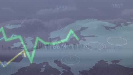 Animation-of-lines-and-financial-data-processing-over-map-of-europe-and-cityscape