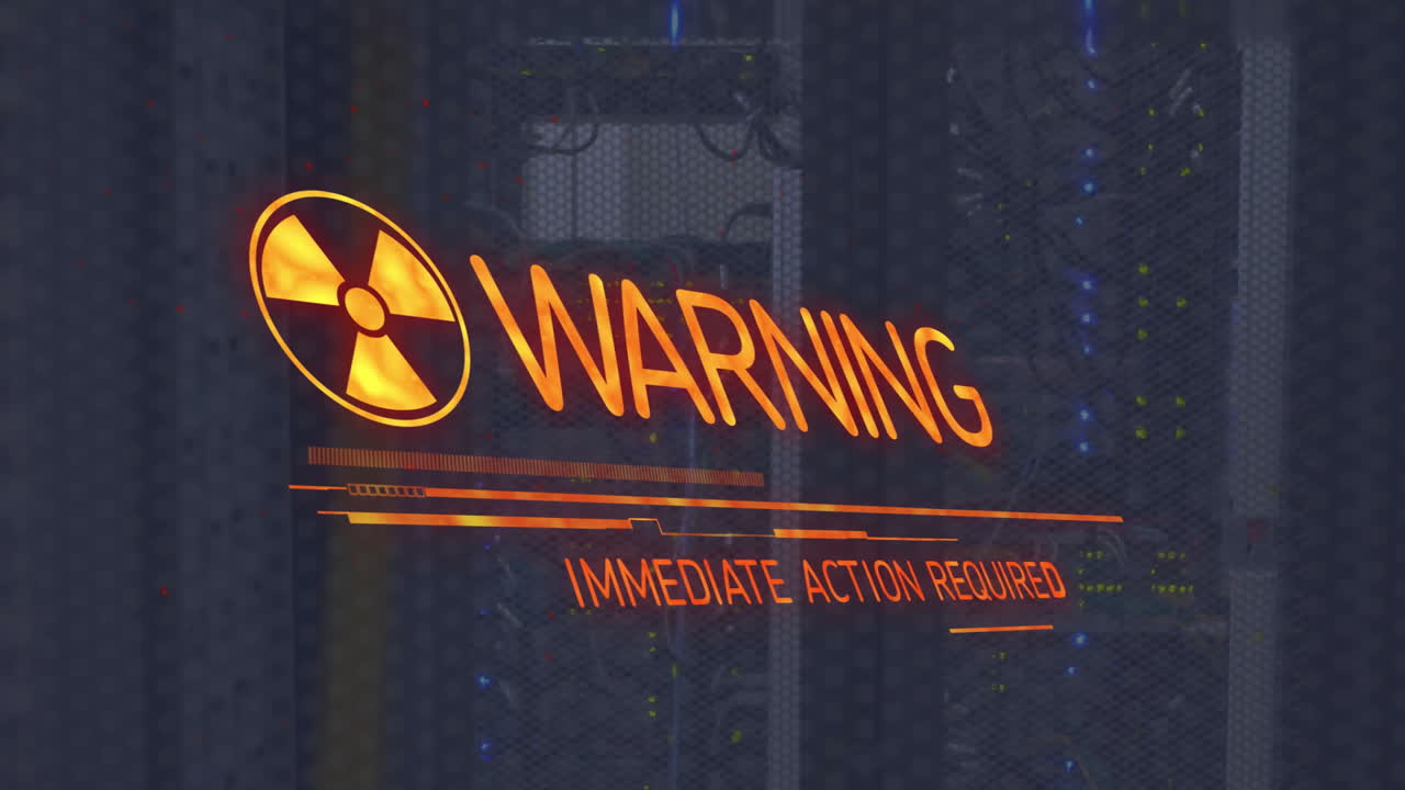 In server room, warning sign with radiation symbol and Immediate Action Required