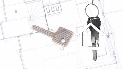 animación de llaves de casa colgadas contra dibujos arquitectónicos giratorios y llave de casa
