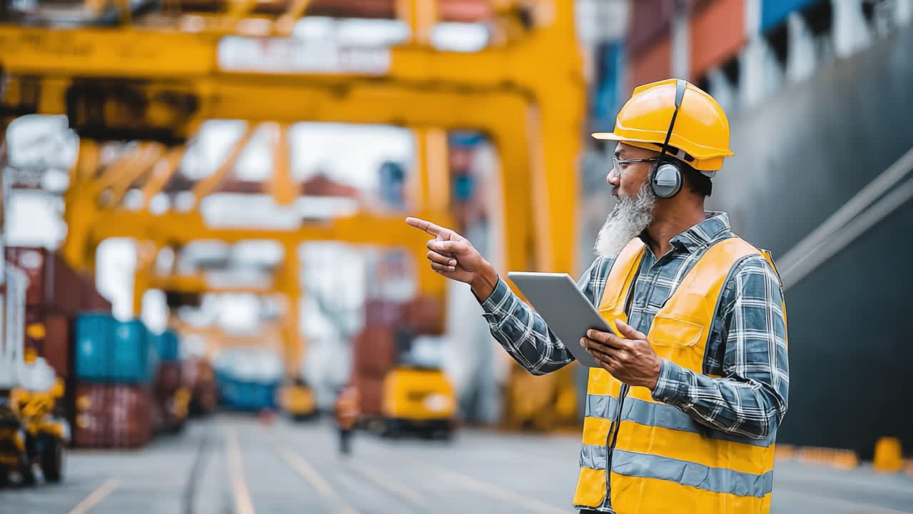 Un operaio industriale concentrato, con gilet di sicurezza e cappello, gestisce le operazioni in un porto mercantile affollato, utilizzando un tablet digitale per coordinare la logistica e garantire l'efficienza.