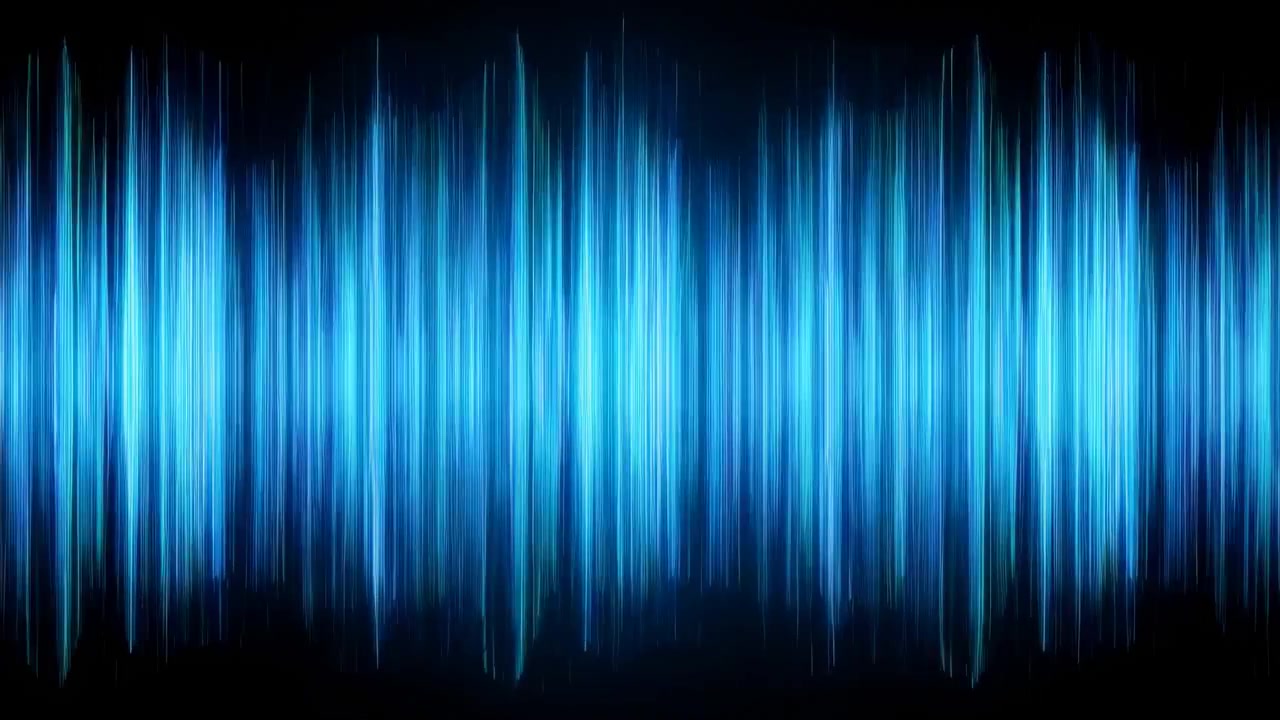 Bright blue light streaks form an abstract audio waveform across a dark black background, with centered horizontal motion and vertical pulses creating a dynamic digital effect