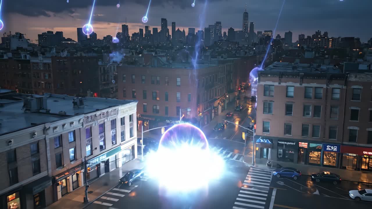 Glowing Energy Spheres Impacting an Urban Cityscape at Night