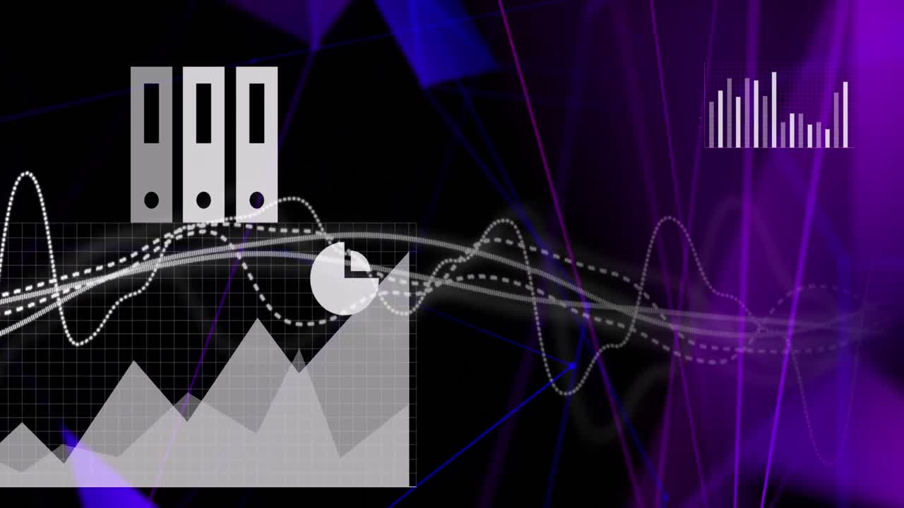 animación de gráficos y elementos tecnológicos sobre fondo negro y violeta