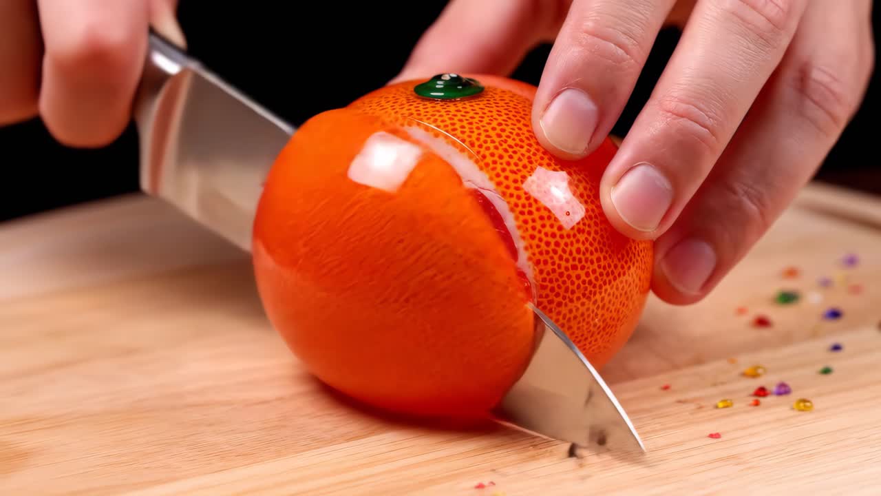 Grapefruit being cut with a knife