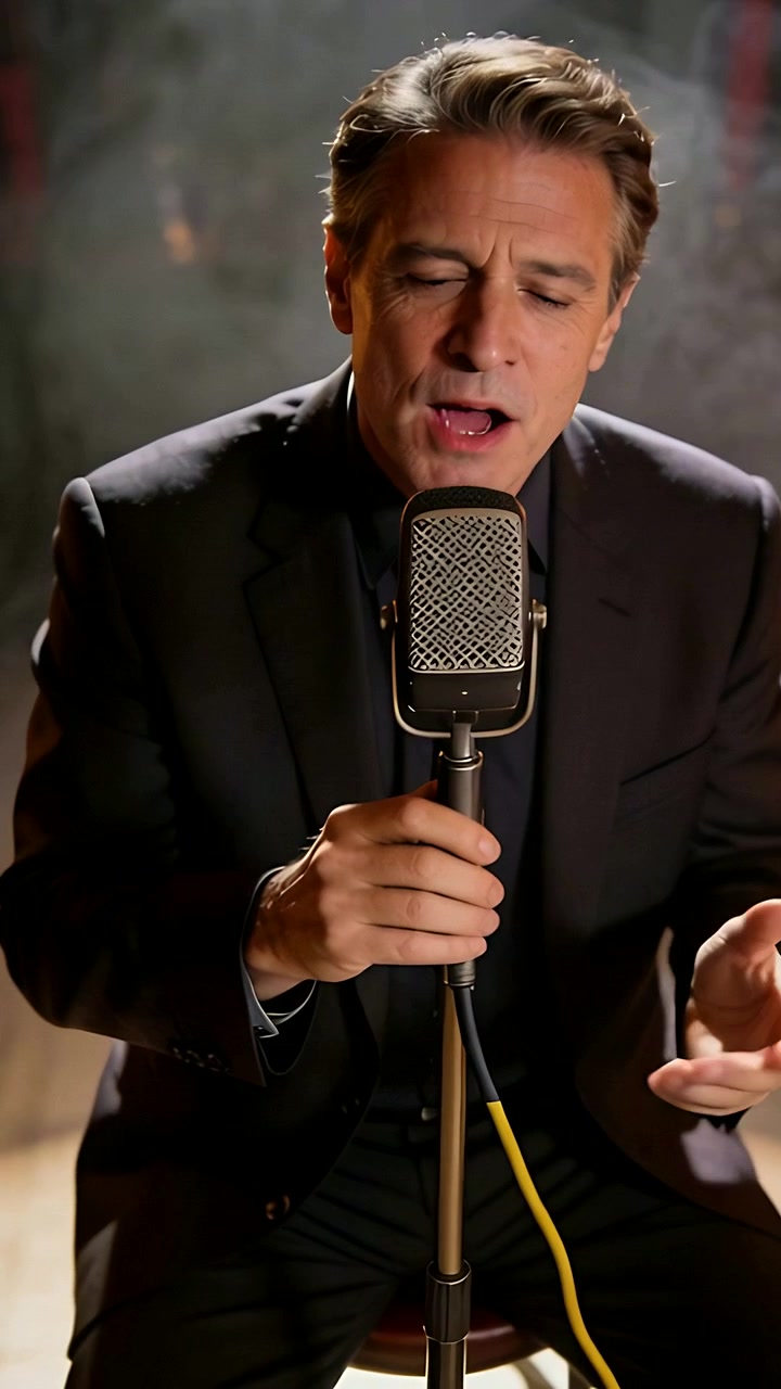 Video verticale: Cantante uomo in abito che prende fiato e canta con emozione sul palco, afferrando un microfono vintage.