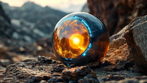 mystical orb glowing on rocky terrain during radiant sunset hours