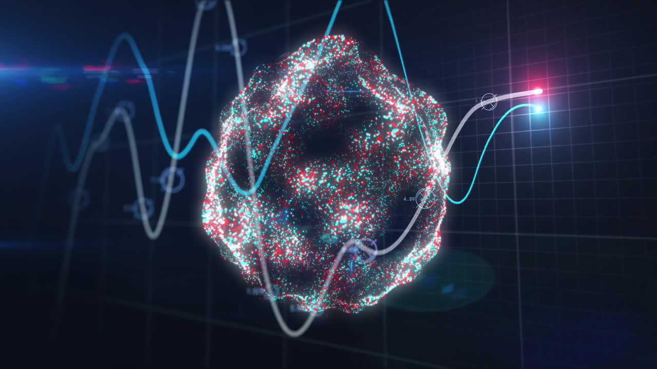 Animation of financial data processing and globe with connections over black background