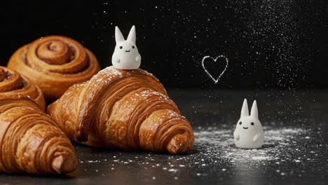charming scene with adorable bunny figures balancing on flaky croissants, enhanced by sugary dust sprinkled over the treats, creating a whimsical bakery display