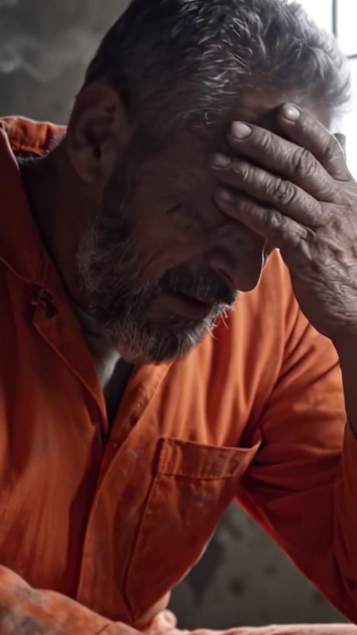 A Reflective Moment: An Elderly Man in an Orange Outfit Contemplates Life and Time, Capturing Raw Emotion and Experience Amidst a Dimly Lit Space
