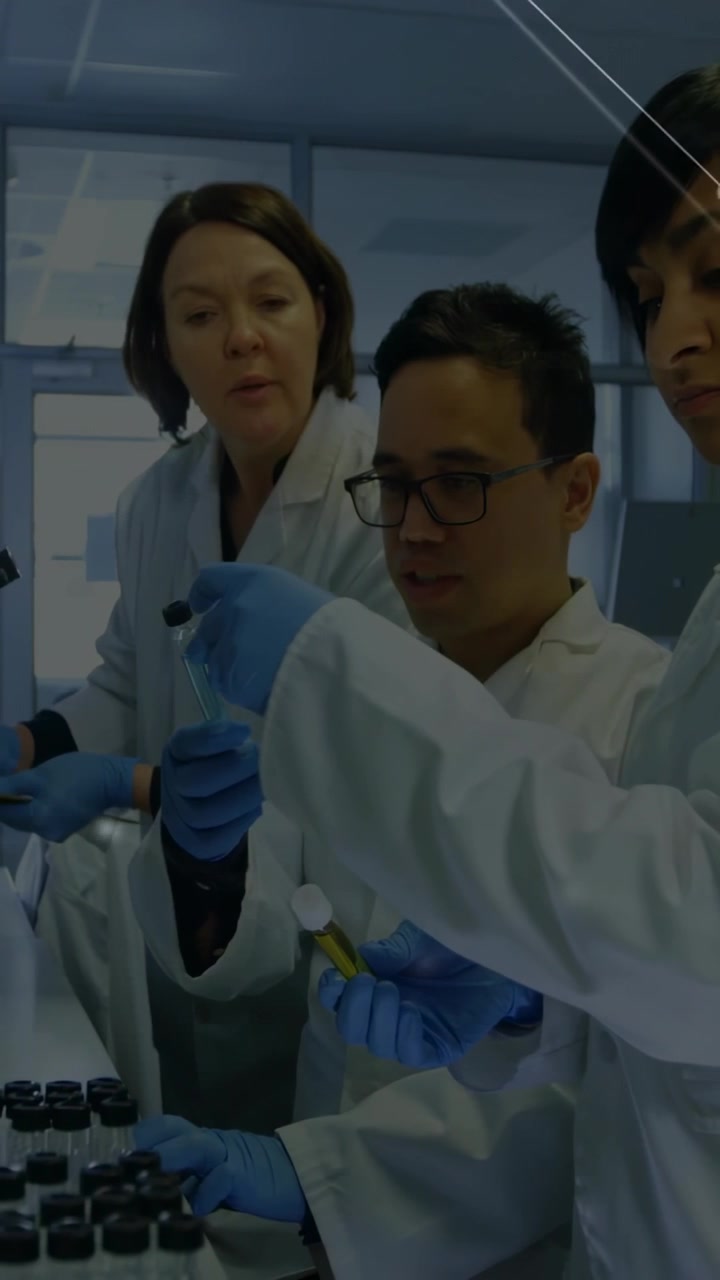 Collaborating three researchers in lab coats, blue gloves at bench, handling yellow-capped tube
