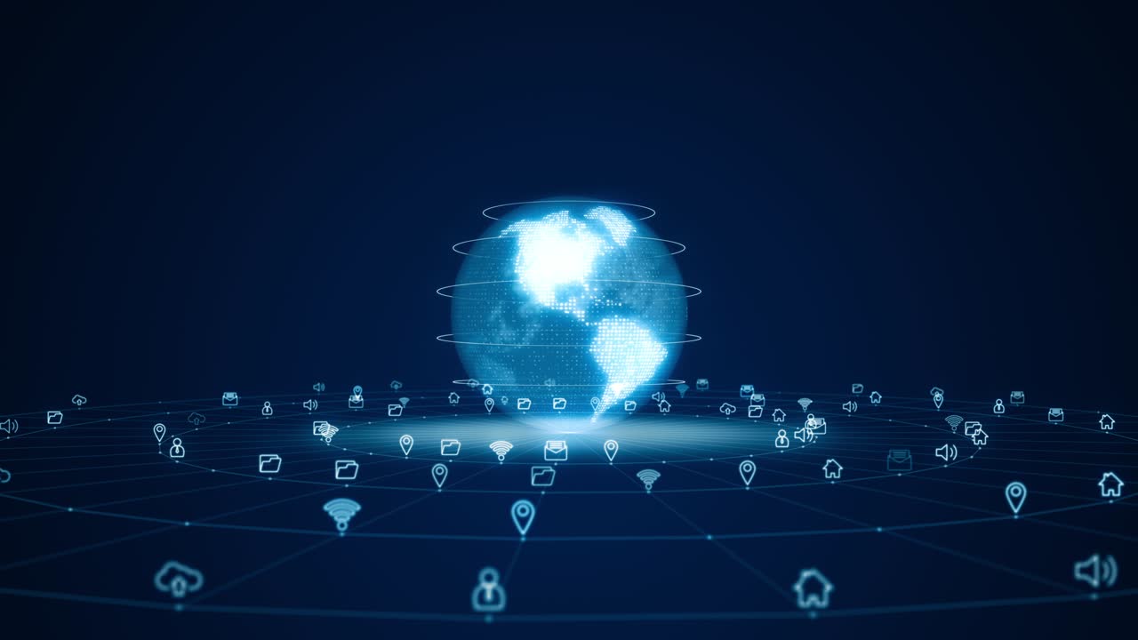 Motion graphic of Blue digital 3D earth sphere logo with futuristic technology icon and line connection with circle rotation on abstract background concept seamless loop video
