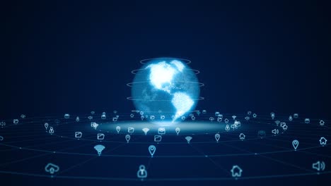 motion graphic of blue digital 3d earth sphere logo with futuristic technology icon and line connection with circle rotation on abstract background concept seamless loop video