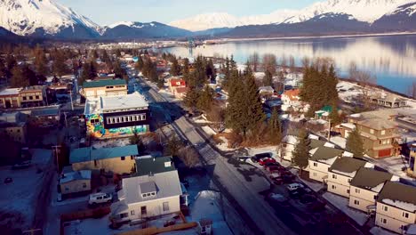 4k drone video of homes in seward, alaska during winter