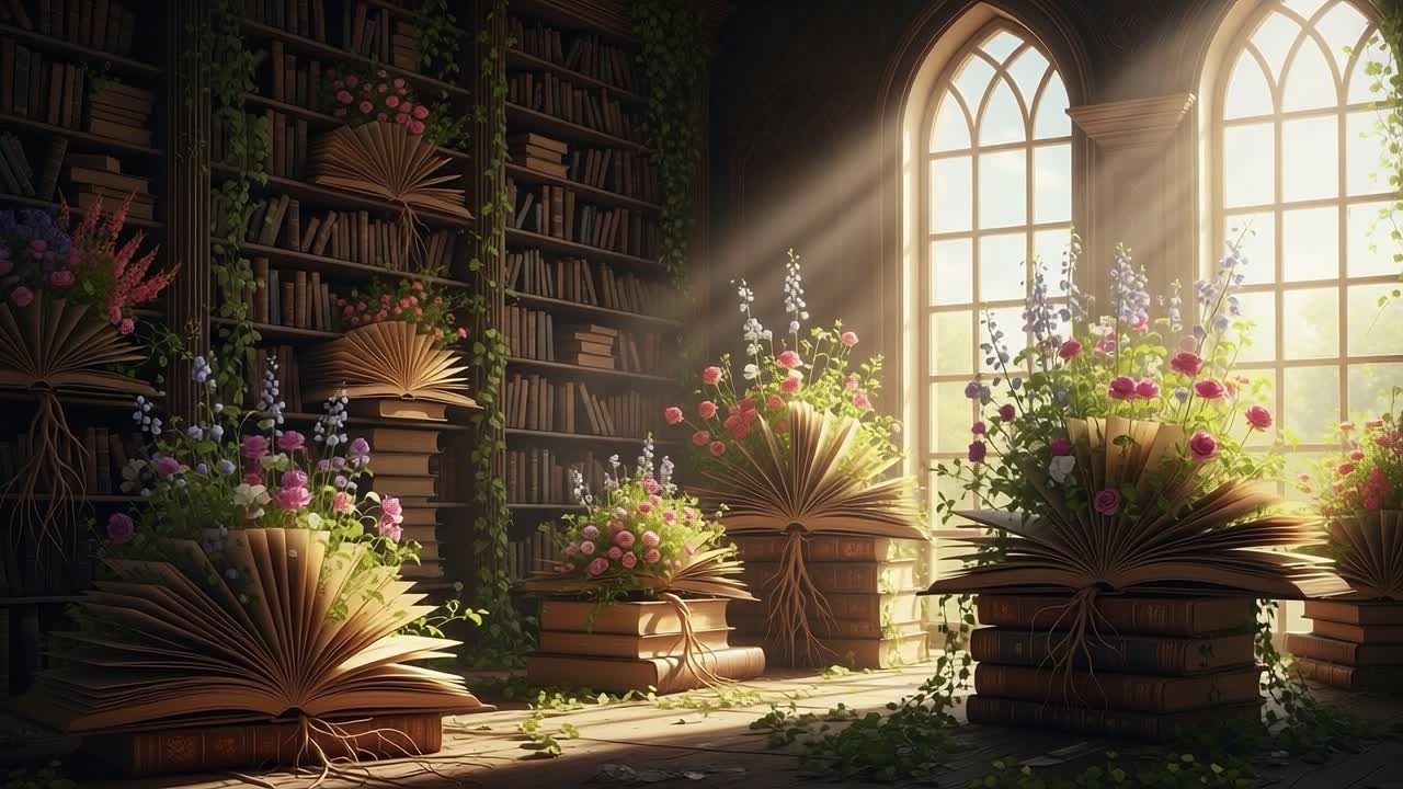A Tranquil Scene of Books Transformed into Vibrant Flower Arrangements in a Sunlit Library, Combining Nature and Literature for a Dreamy Atmosphere