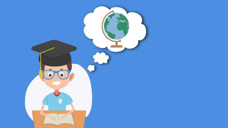 animación digital del icono del niño graduado con globo en la burbuja de habla contra un fondo azul