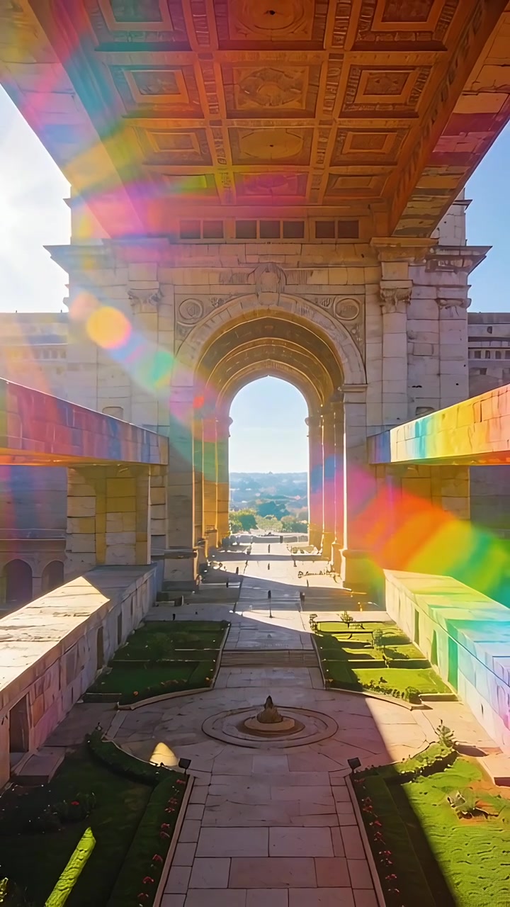 Vídeo vertical: Sol entrando pela esquerda, lançando reflexos prismáticos sobre um caminho em arco, pessoas caminhando em direção à cidade.