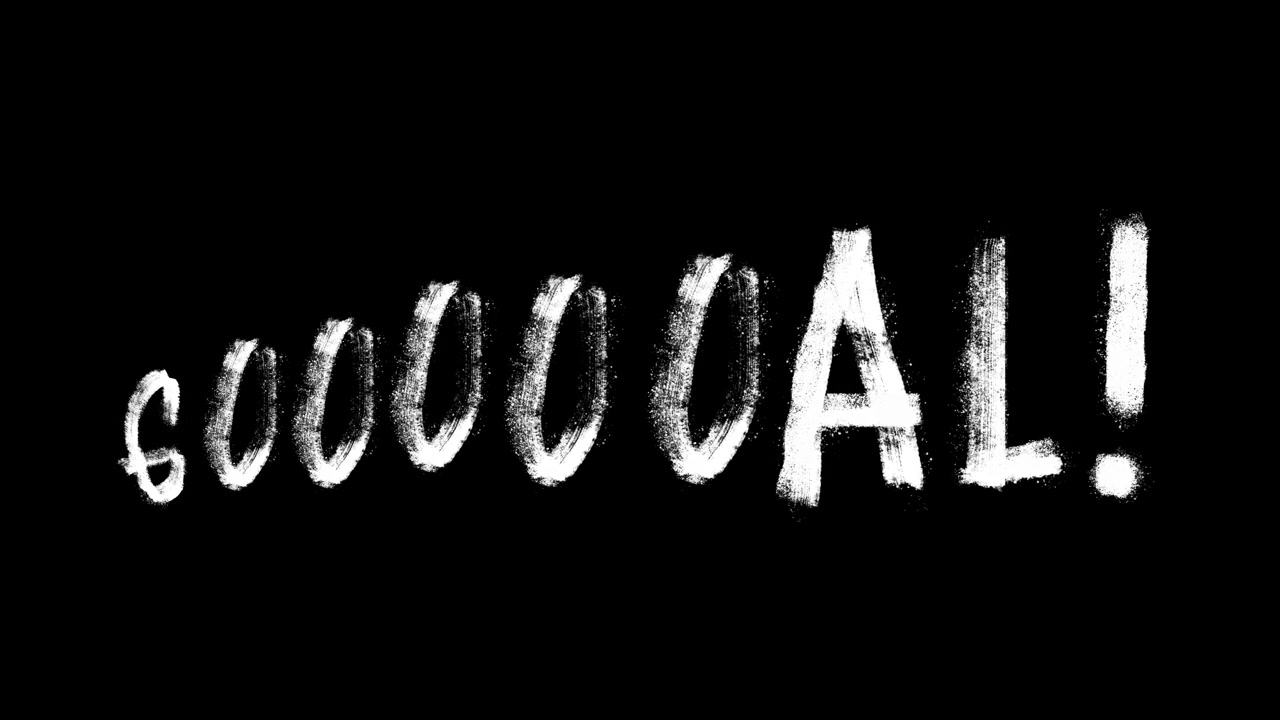 Testo animato a gesso 'GOOOOL!' che appare e si scuote su sfondo nero