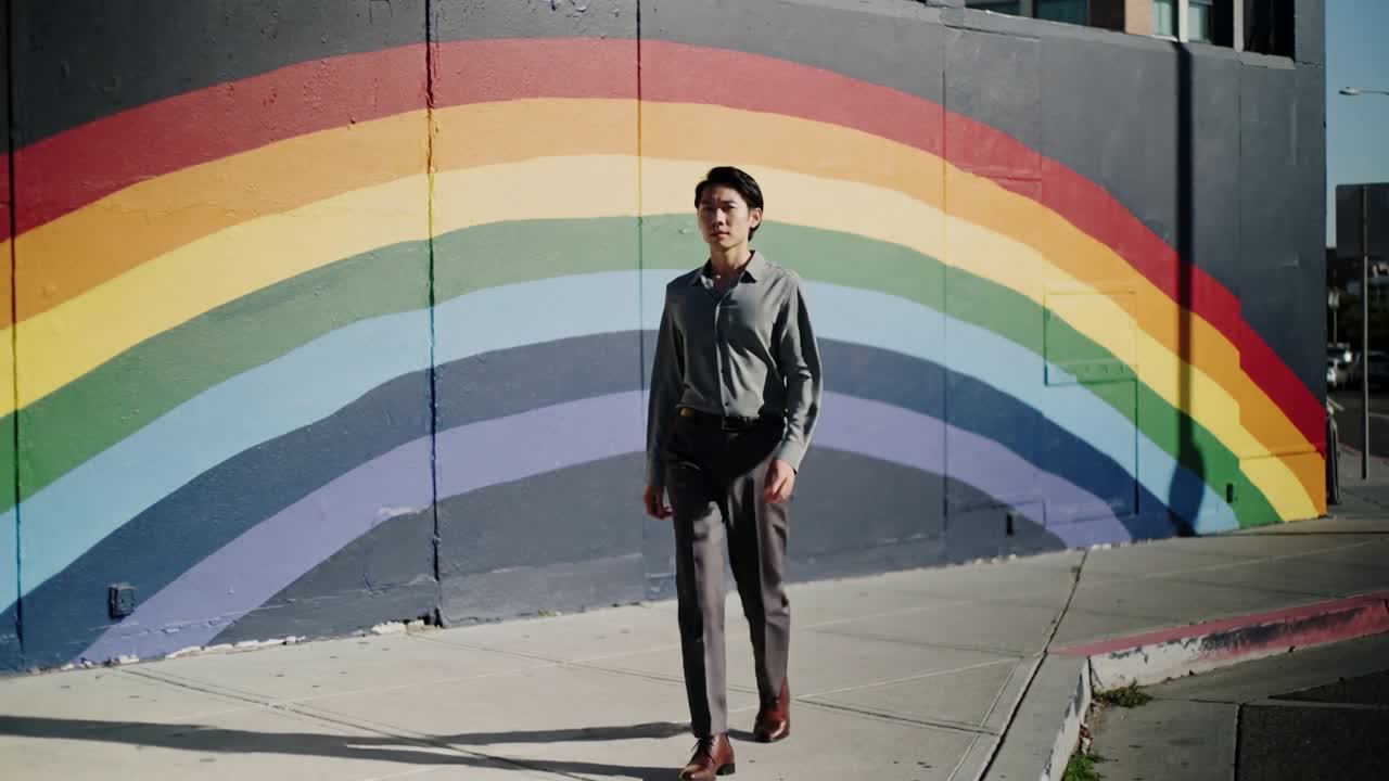 Walking Asian man in workwear stepping onto sidewalk approaching lens with shadow on rainbow mural
