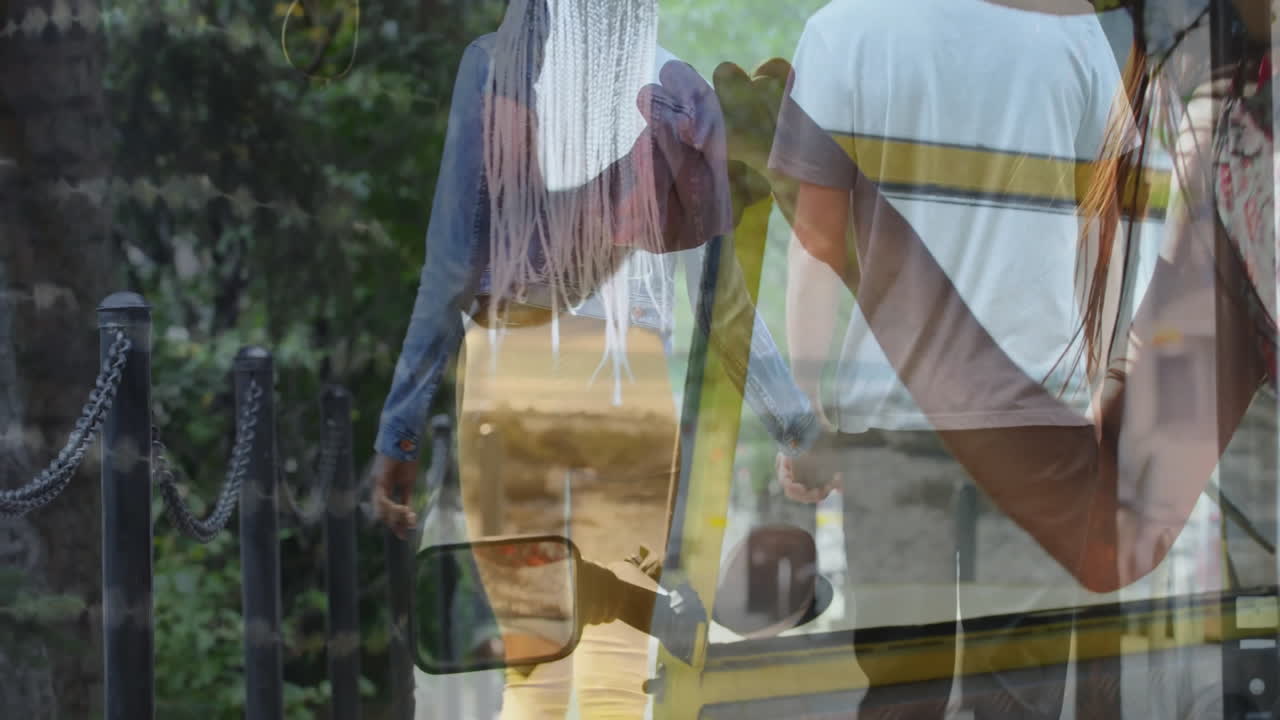 Walking in park, couple with cityscape animation overlay in background