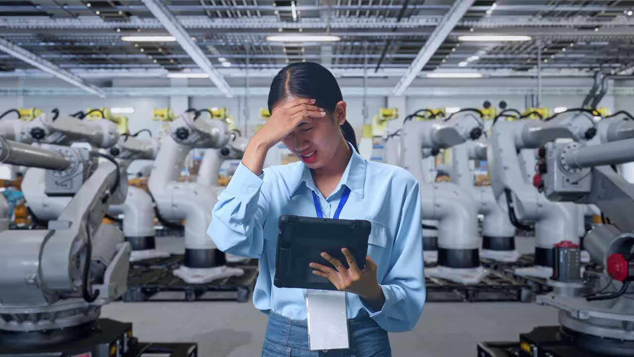 공장에서 문제에 직면한 여성 기술자