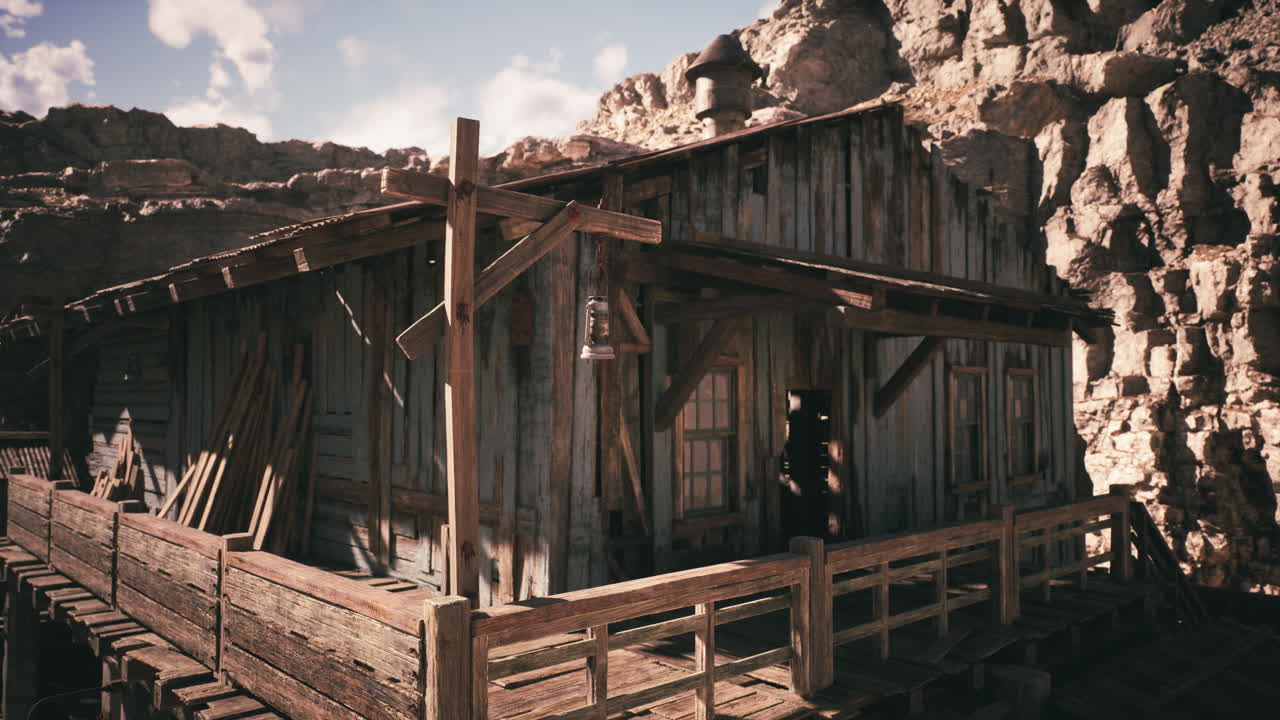 Rustic wooden cabin built on stilts among rocky terrain during sunny day