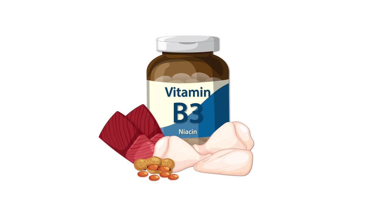Vitamin B3 bottle with niacin-rich foods appearing, static white background, smooth additive animation transition