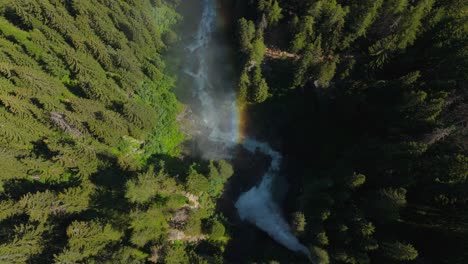 waterfall surrounded by lush green forest with a rainbow above, aerial view