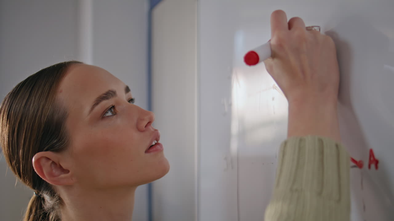 Focused educator drawing diagram holding felt-tip-pen school auditorium closeup