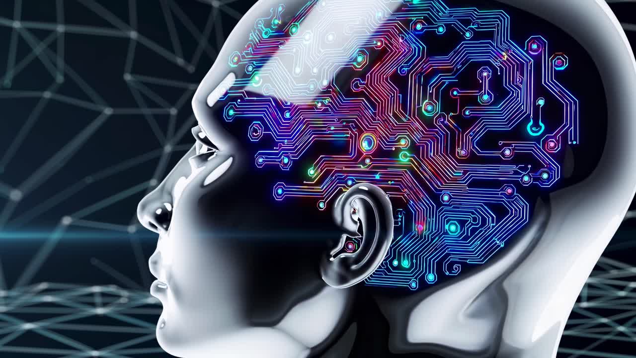 Futuristic video concept with a side profile of a metallic human head, showcasing a digital circuit