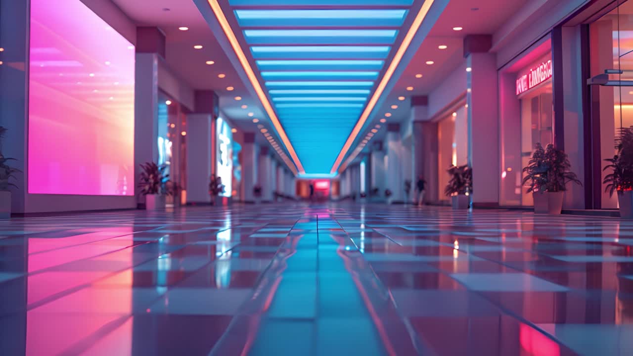 Modern Neon Lit Shopping Mall Corridor with Reflective Floor