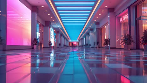 modern neon lit shopping mall corridor with reflective floor