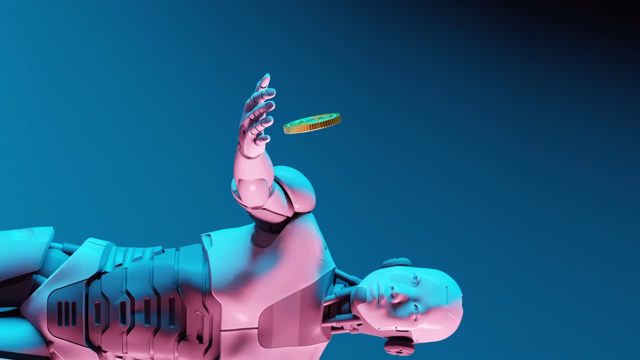 moneda de dólar de oro mostrada por el brazo derecho del robot virtual siendo vertical