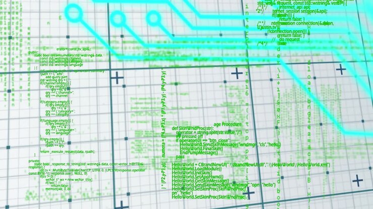 Animation of computer circuit board and data processing over grid