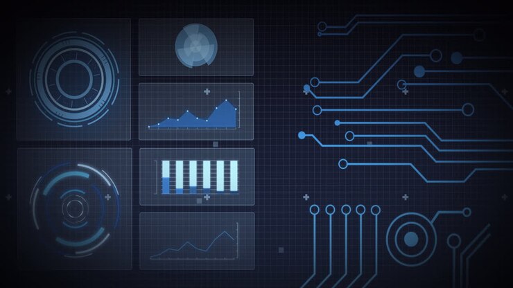 Animation of scope scanning, processor elements and data processing on screens over grid