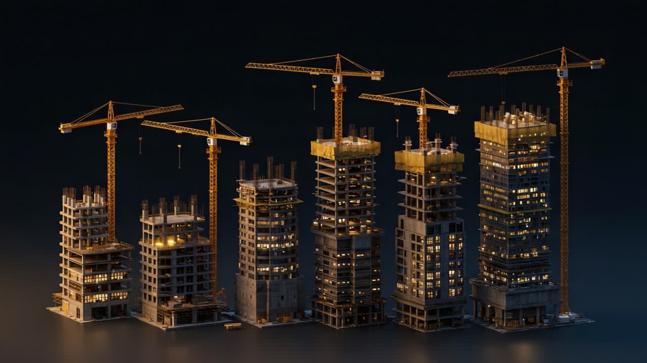 A bustling skyline of modern buildings under construction, showcasing towering cranes and illuminated facades, capturing the dynamic energy of urban development and architectural innovation
