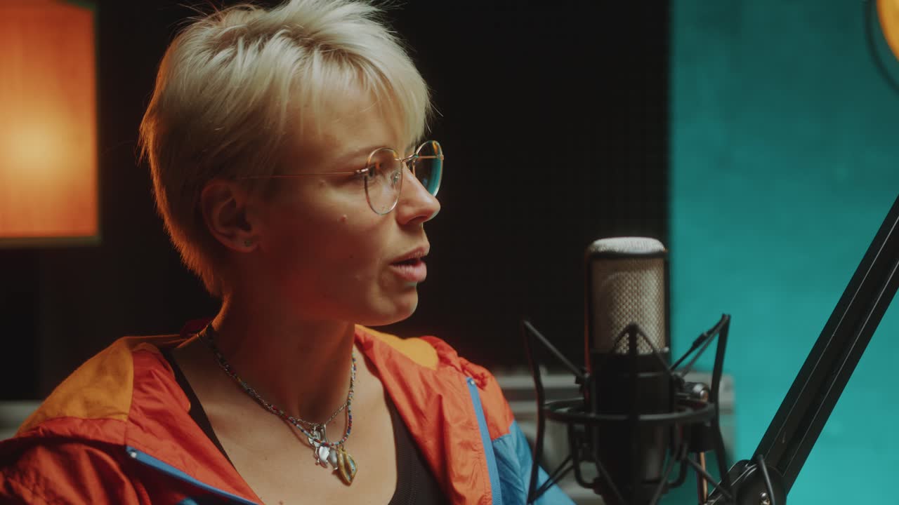 Woman Talking in Microphone during Podcast Interview in Recording Studio
