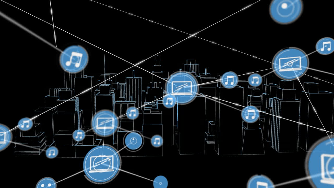 Animation of network of connections with icons over 3d city drawing on black background