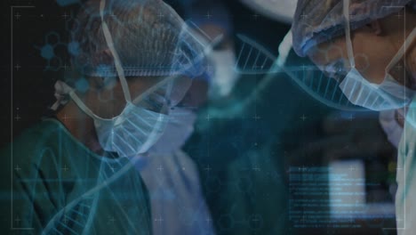 Animation-of-dna-strand-and-medical-data-over-diverse-female-surgeons-operating-on-patient