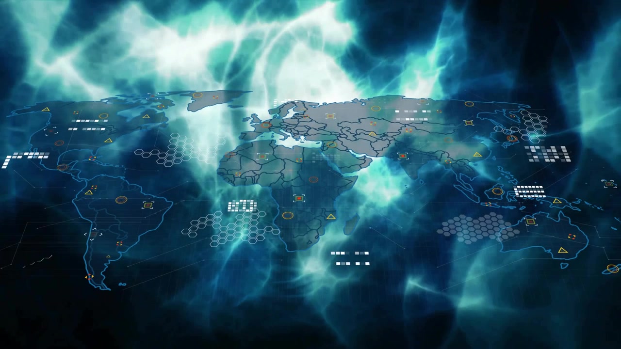 Digital world map fading as shifting aurora and data icons materializing linking global data flow