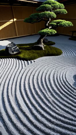 peaceful zen garden with bonsai tree and rocks