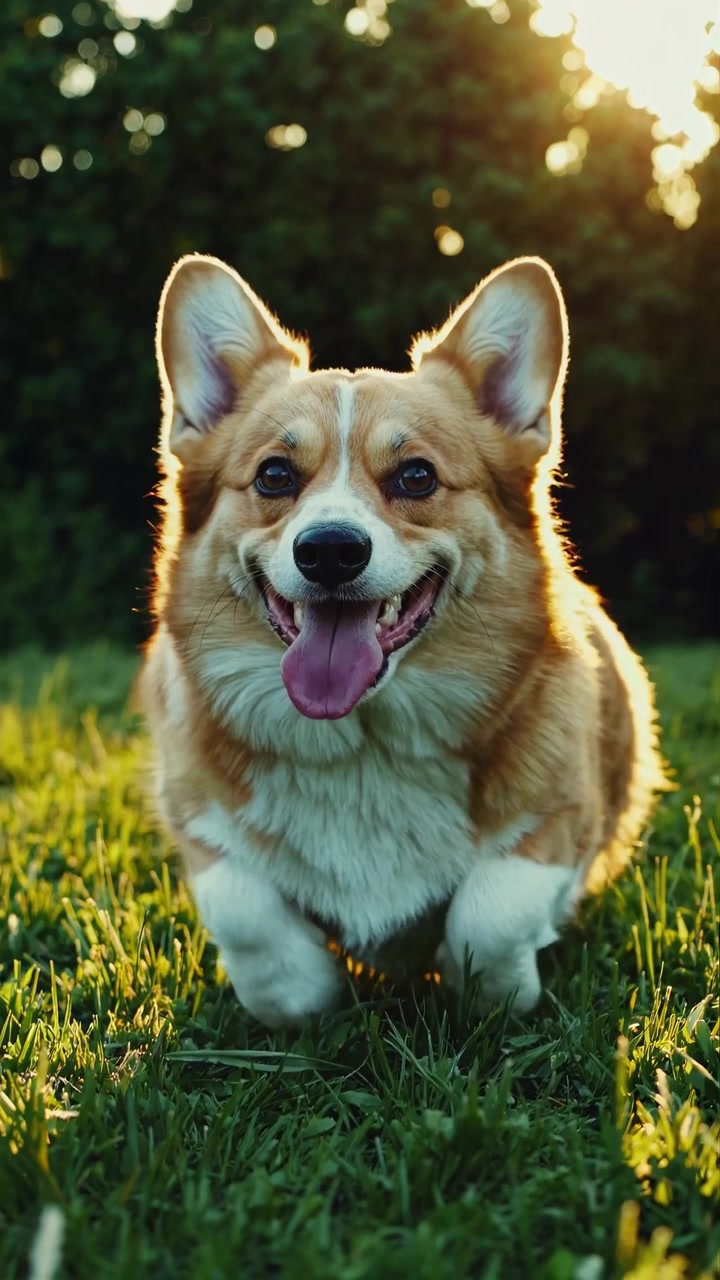 Corgi feliz corriendo por la hierba verde al atardecer