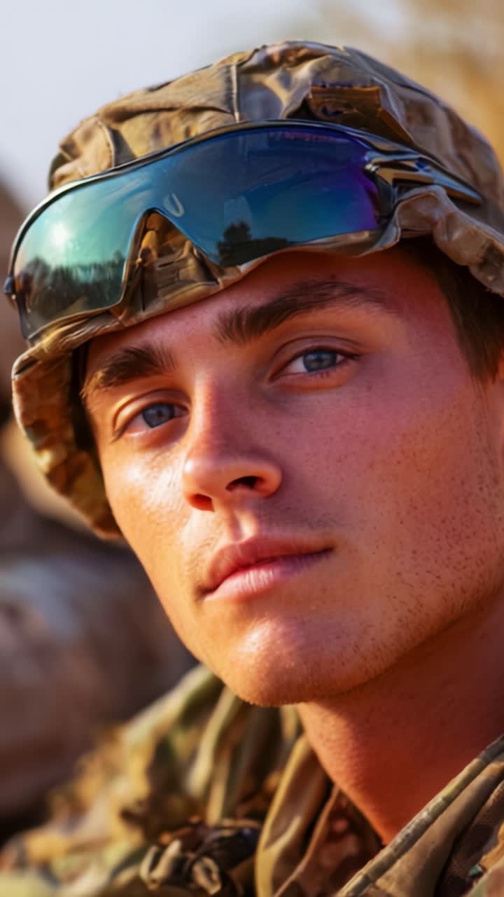 Primer plano de un soldado con gafas de sol y equipo militar, que captura una mirada intensa y una expresión de determinación sobre un fondo difuminado