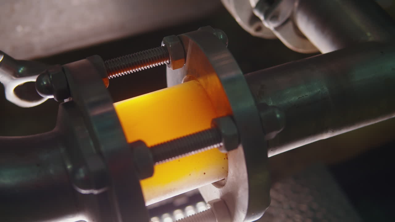 오렌지색 액체와 함께 산업 파이프 라인 세부 사항