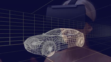 animación de un dibujo de coche en 3d sobre una mujer con auriculares vr