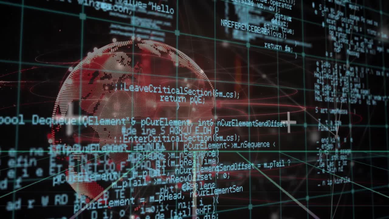 animación del procesamiento de datos y globo con conexiones a través de la red