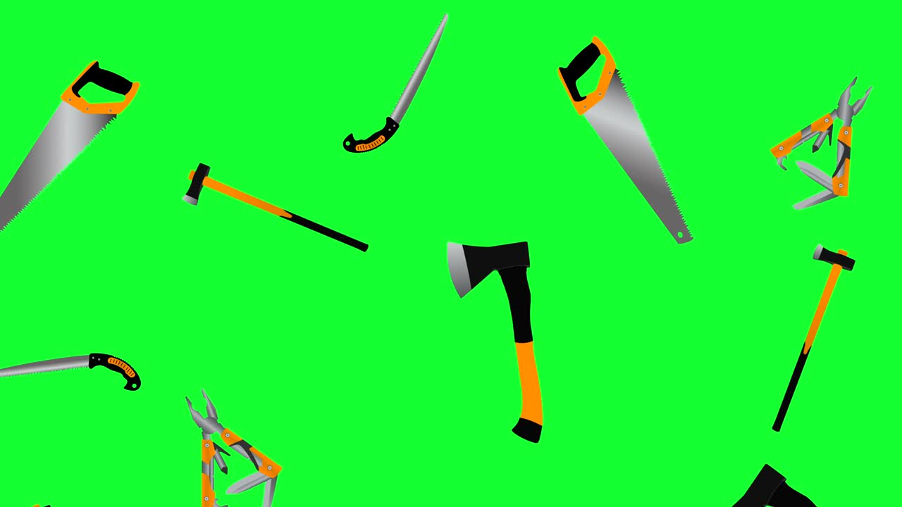 Working gardening tools elements  animation, seamless loop on green screen chroma key