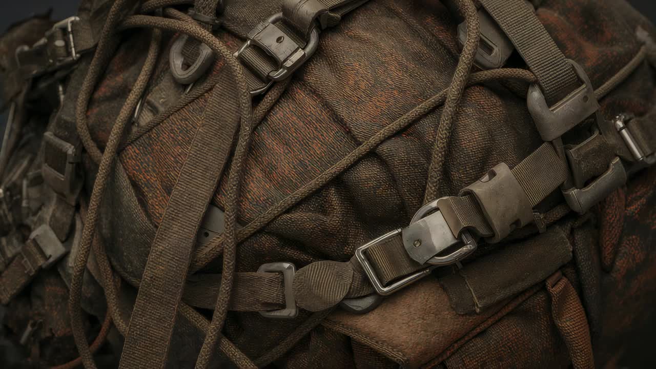 カメラアングルをシフトさせ、スタジオにある使い古されたキャンバスのリュックサックを映し出し、質感、バックル、ストラップを見せる。
